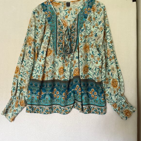 Cottagecore Floral Long Sleeve Lace-Up Blouse Size XL Boho Fall Indie Style - Picture 7 of 14